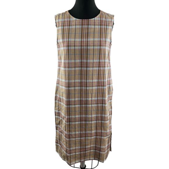 LIN BLANC Tan Brown Tartan Plaid Sleeveless Prairie Shift Dress Sz M Medium NEW - Picture 1 of 8